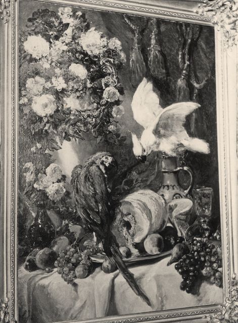 Anonimo — Anonimo tedesco-austriaco sec. XIX - Natura morta con frutta, vaso di fiori e pappagalli — insieme